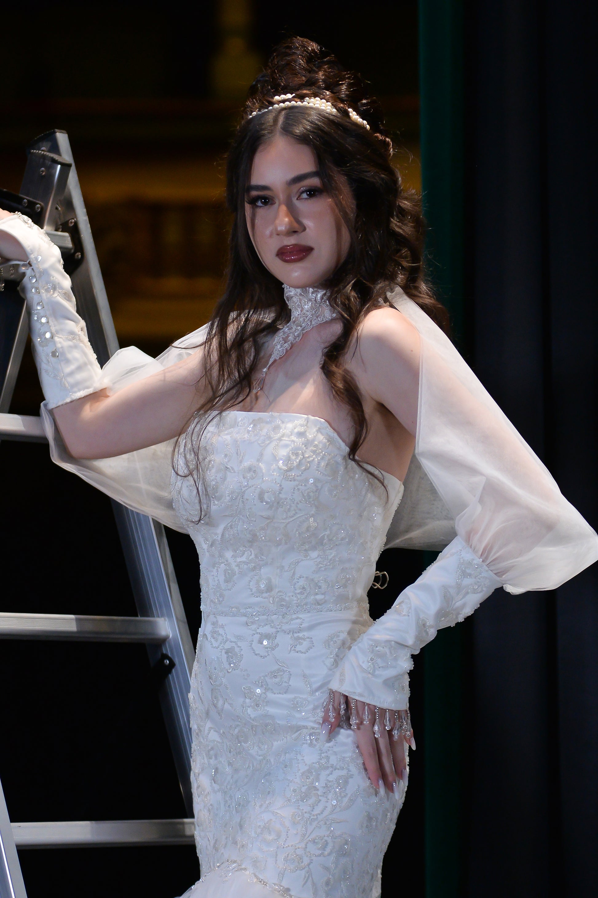 Spectacular Manually Embroidered Bridal Gown with Long Train & Choker Detail