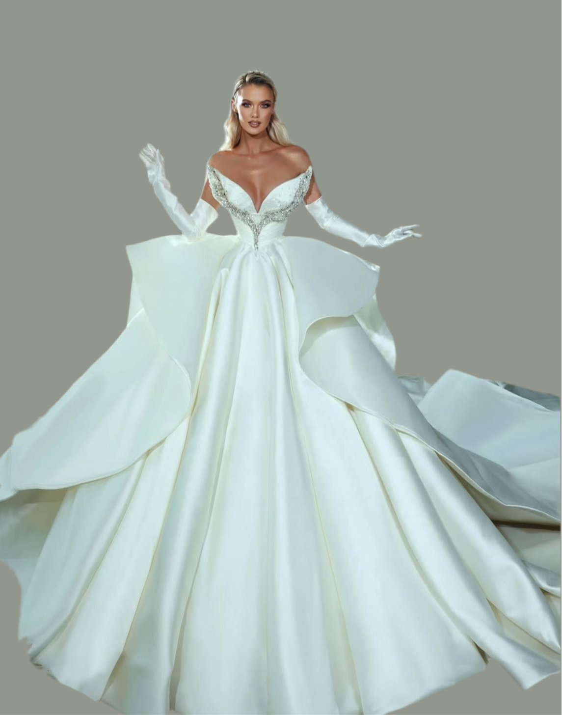 Royal Off-Shoulder Princess Gown with Crystal Corset & Sculptural Train