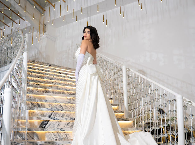 Exquisite Hand-Embroidered Bridal Gown with Detachable Train & Statement Bow