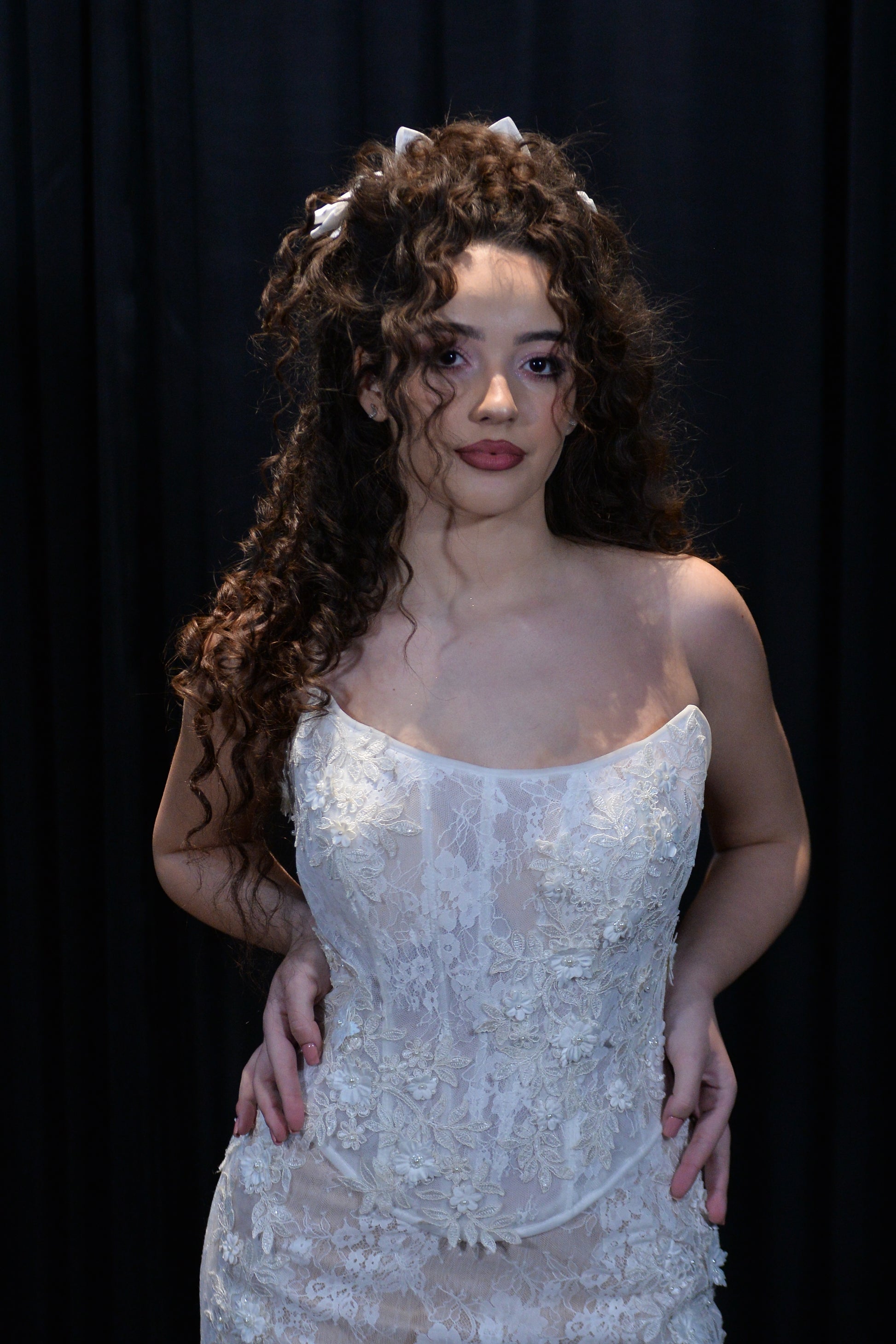 Romantic Bridal Gown with V-Shaped Corset in French Lace