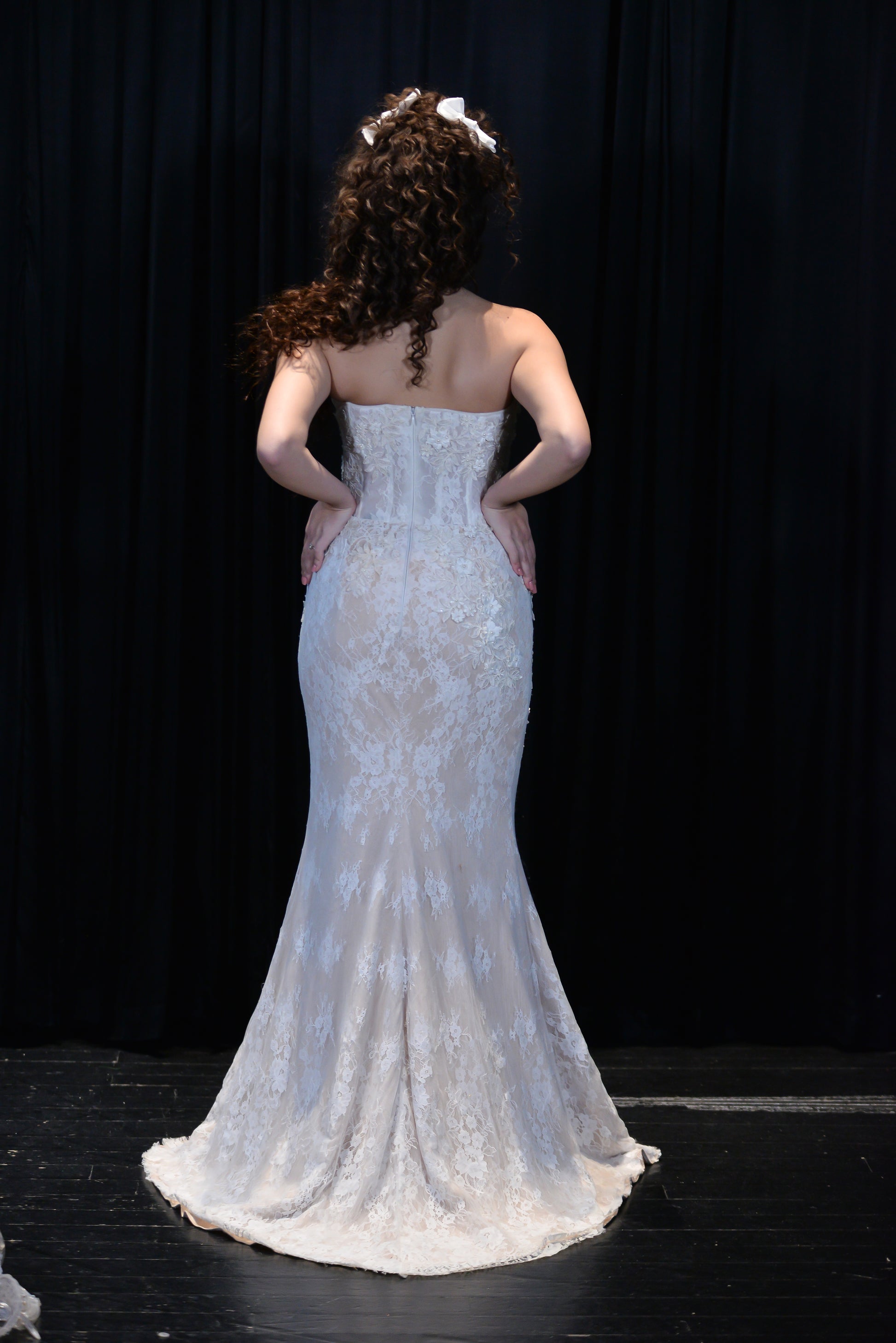 Romantic Bridal Gown with V-Shaped Corset in French Lace